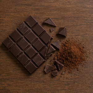 Dark chocolate and cocoa powder on a dark wooden surface