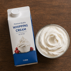 Whipping cream for bakery use on a dark wooden surface