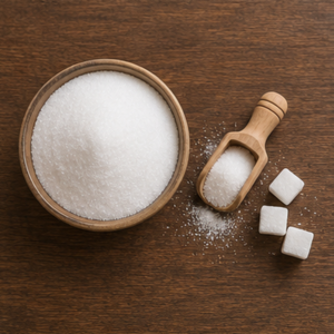 Caster sugar in a bowl on a dark wooden surface