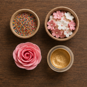 Cake sprinkles and sugar decorations on a dark wooden surface