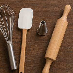 Baking tools including a whisk, spatula and piping nozzles on a dark wooden surface