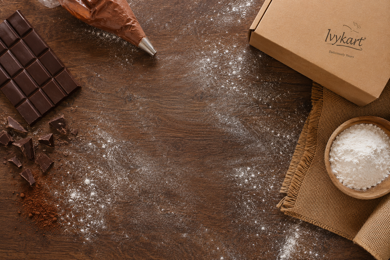 Baking ingredients laid out on a wooden surface: dark chocolate, cocoa powder, a piping bag, flour in a wooden bowl and an Ivykart delivery box