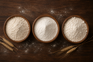 Three wooden bowls of different flours side by side on a dark wooden surface, with wheat stalks and a dusting of flour