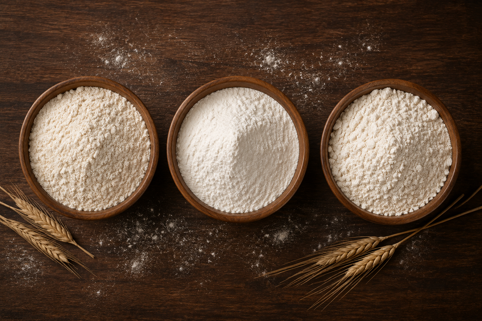 Three wooden bowls of different flours side by side on a dark wooden surface, with wheat stalks and a dusting of flour