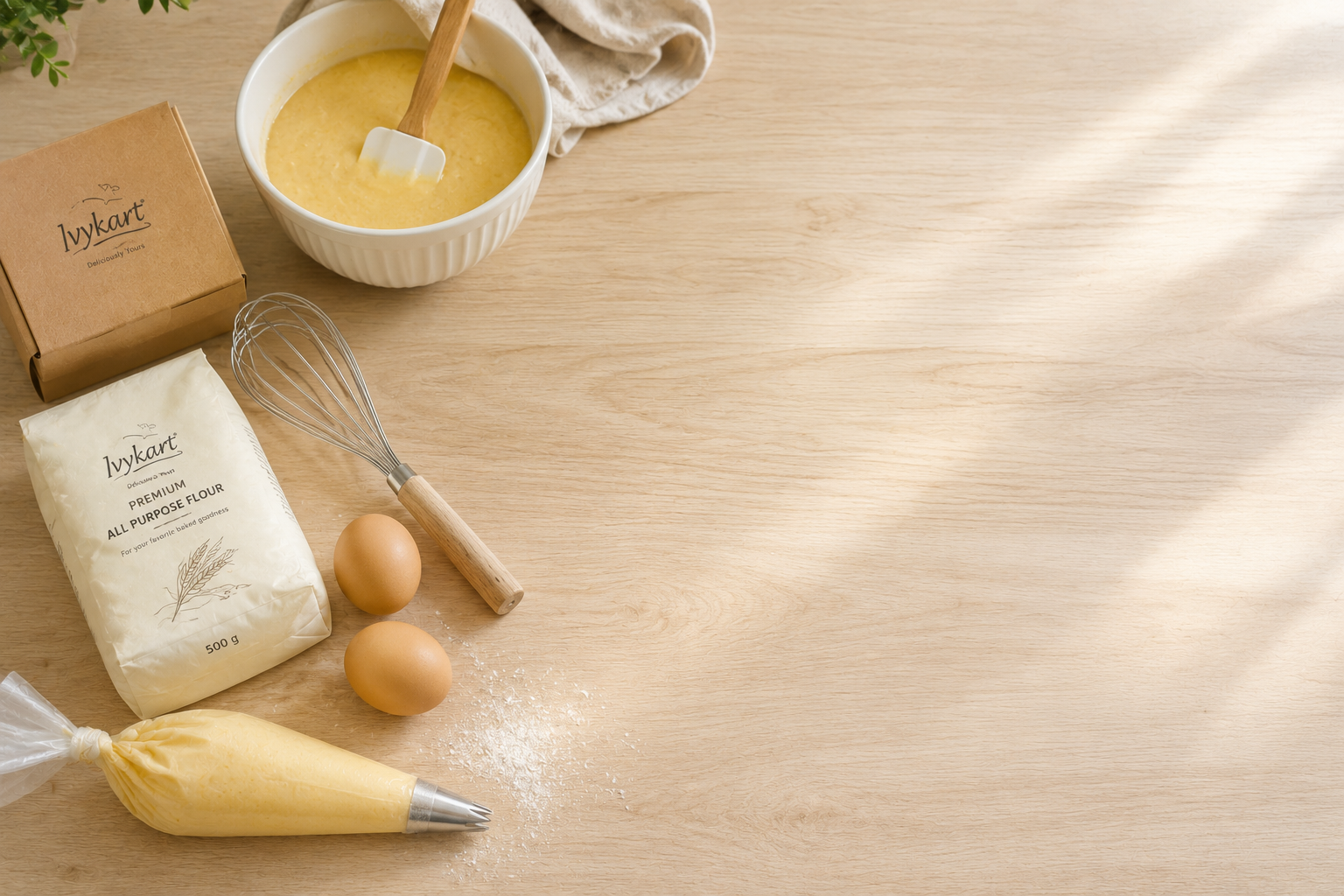 Home baking setup on a light wooden counter: a bowl of cake batter, a whisk, eggs, an Ivykart premium all-purpose flour pack, an Ivykart box and a filled piping bag