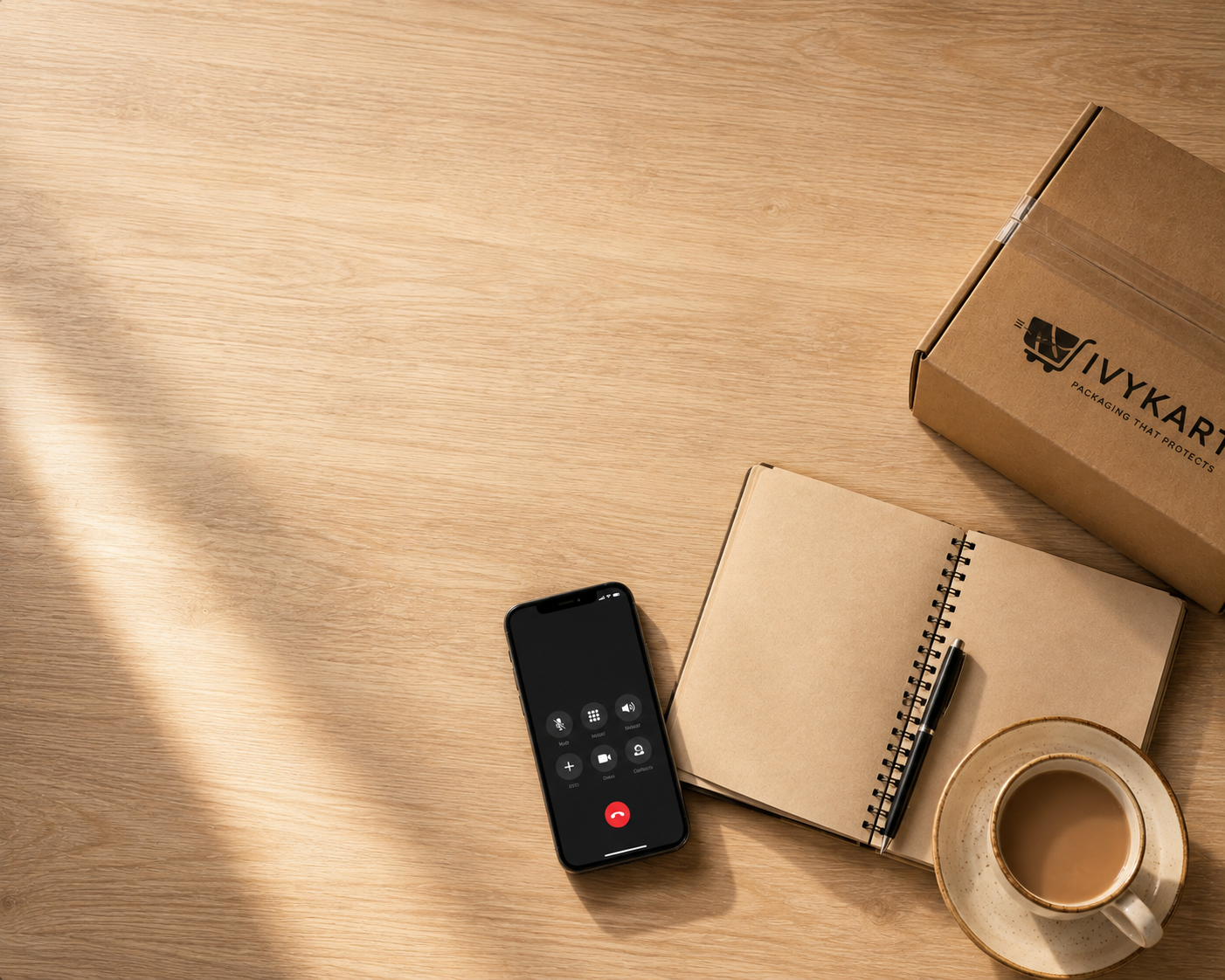 A mobile phone showing a call screen beside an open notebook, a pen, a cup of chai and an Ivykart box on a pale wooden desk