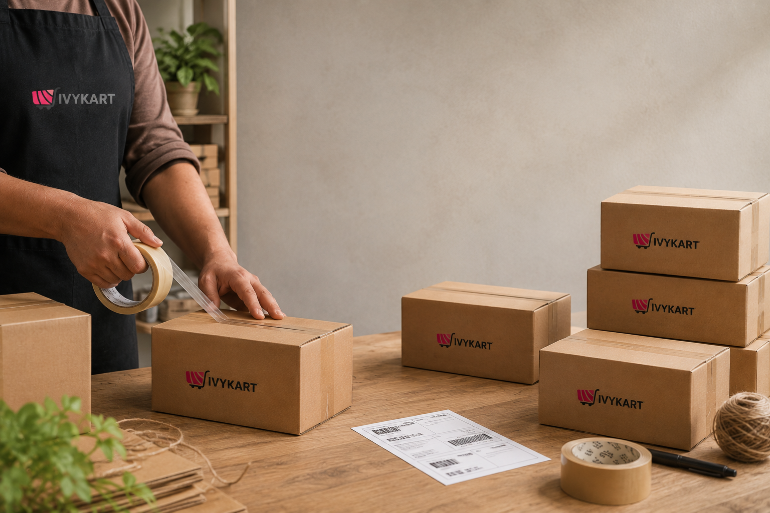 An Ivykart team member sealing a branded delivery box on a packing bench, with stacked Ivykart boxes, labels and tape