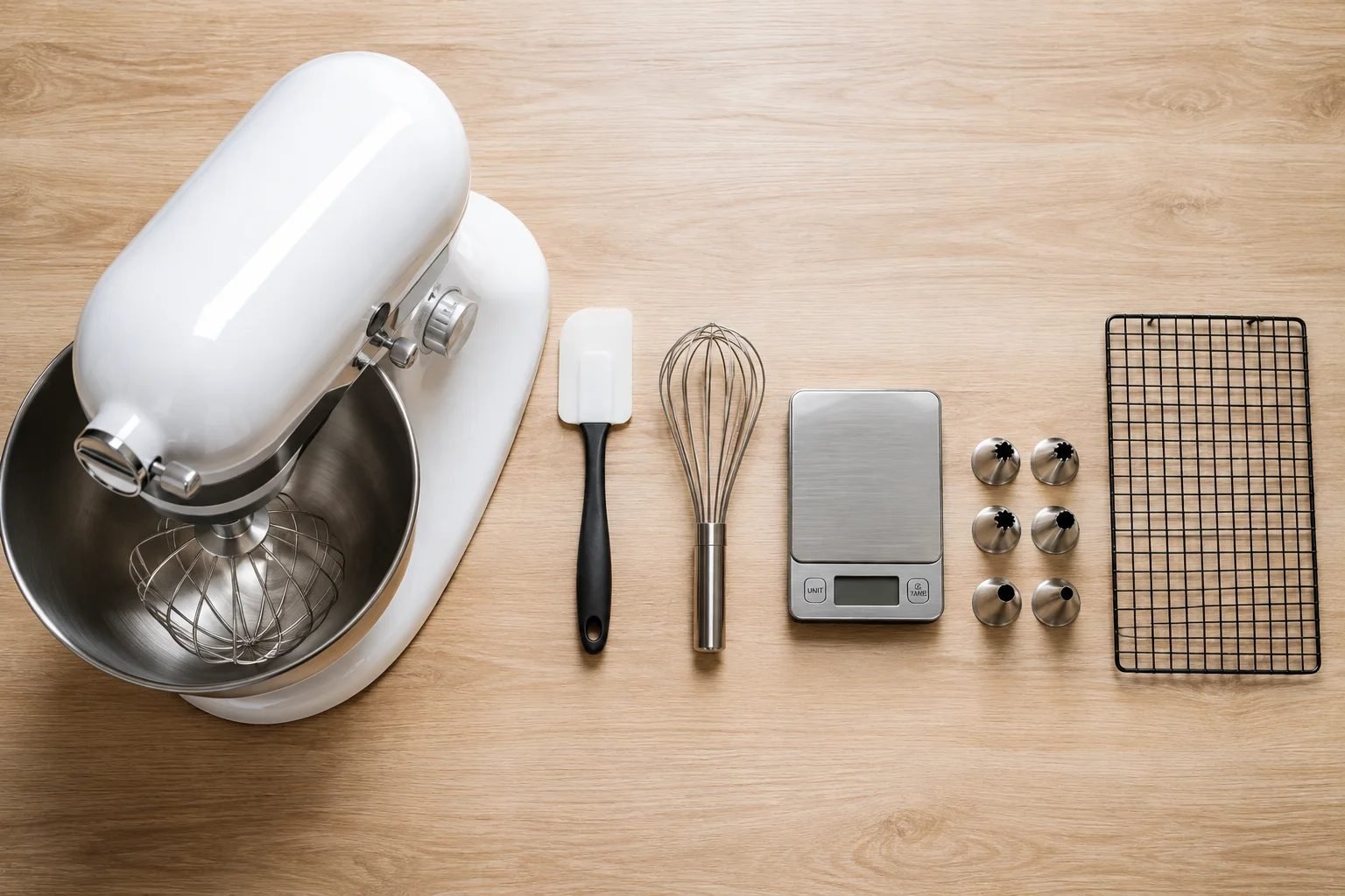 An overhead view of a white stand mixer on pale oak with a spatula, balloon whisk, digital scale, six piping nozzles and a cooling rack arranged in descending size.