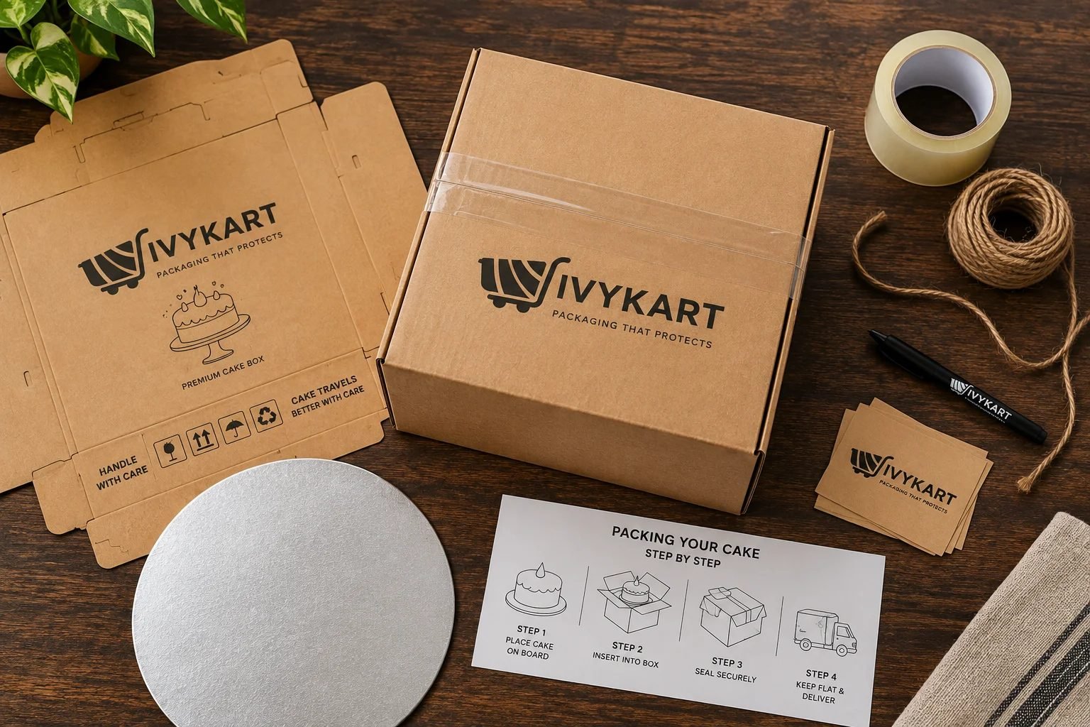 An overhead view of a flat and an assembled kraft Ivykart cake box on dark walnut, with a silver cake board, a tape roll, twine, a marker and a step by step packing card.