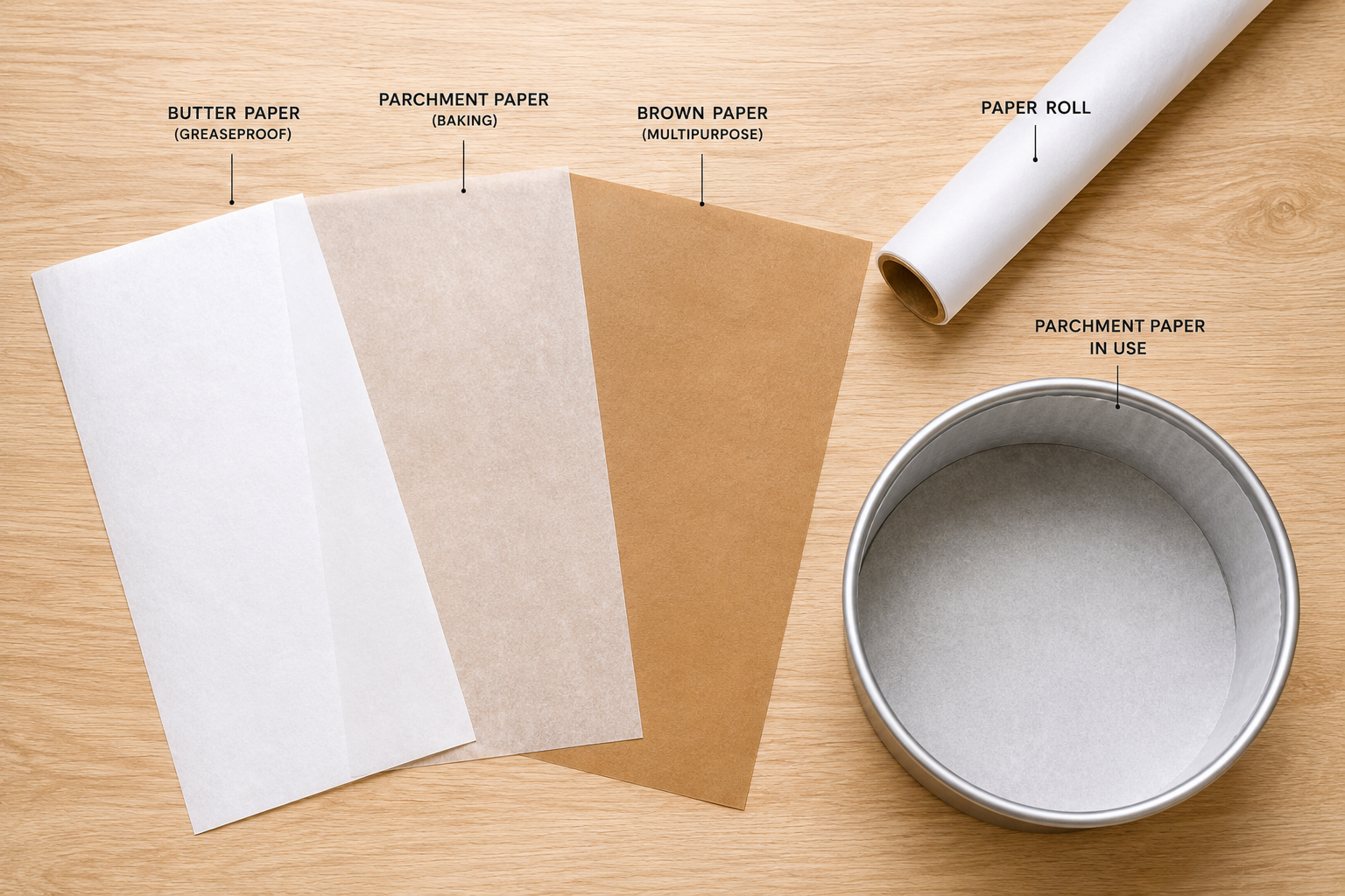 Sheets of butter paper, parchment and baking paper fanned out beside a round cake tin lined with paper