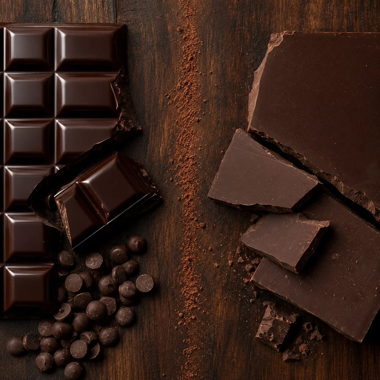 An overhead comparison on dark walnut: a glossy dark chocolate bar with callets on the left, matte broken chocolate slabs on the right, and cocoa powder scattered between them.