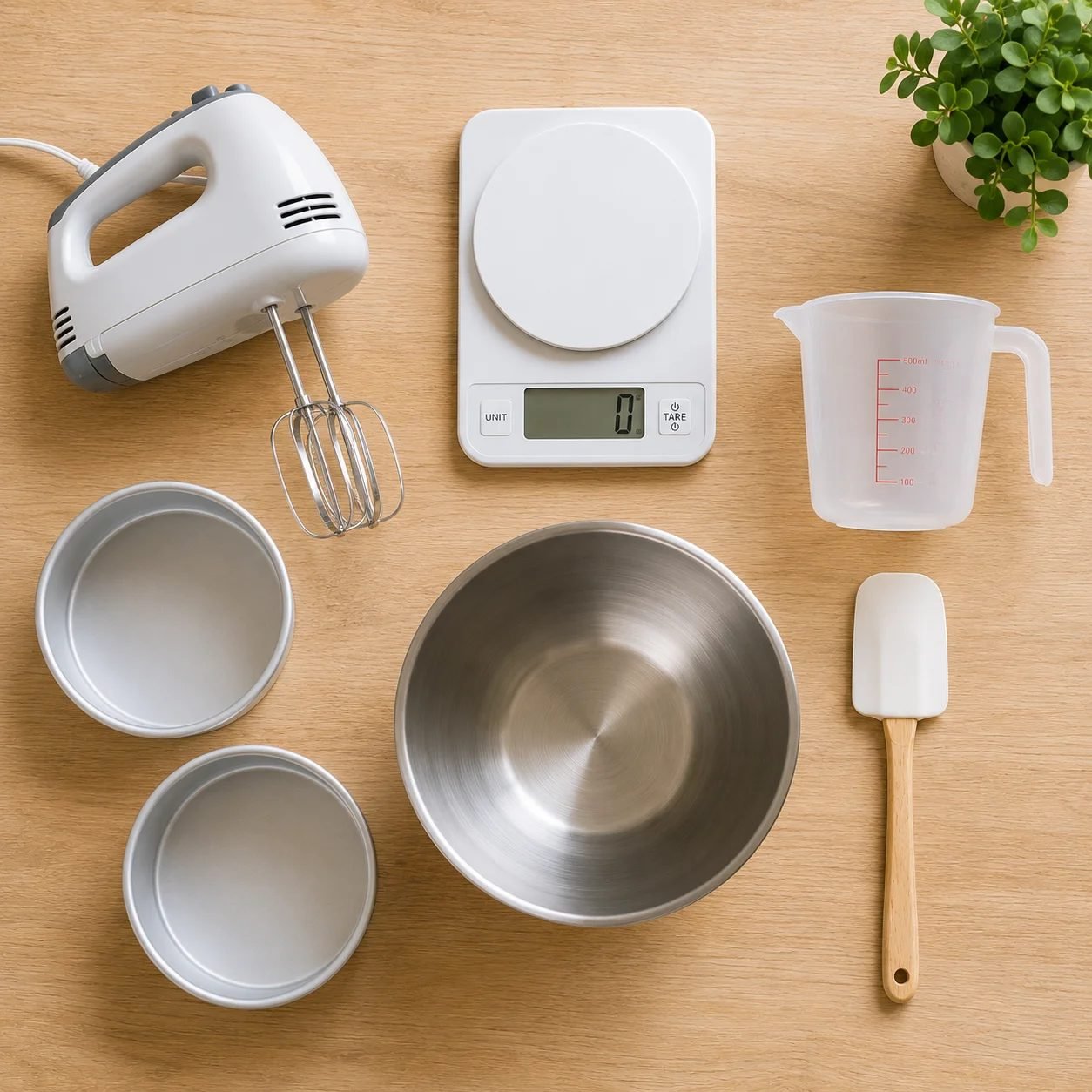 An overhead flat lay of entry level baking equipment on pale oak: a hand mixer, a digital scale, two round cake tins, a steel mixing bowl, a spatula and a measuring jug.