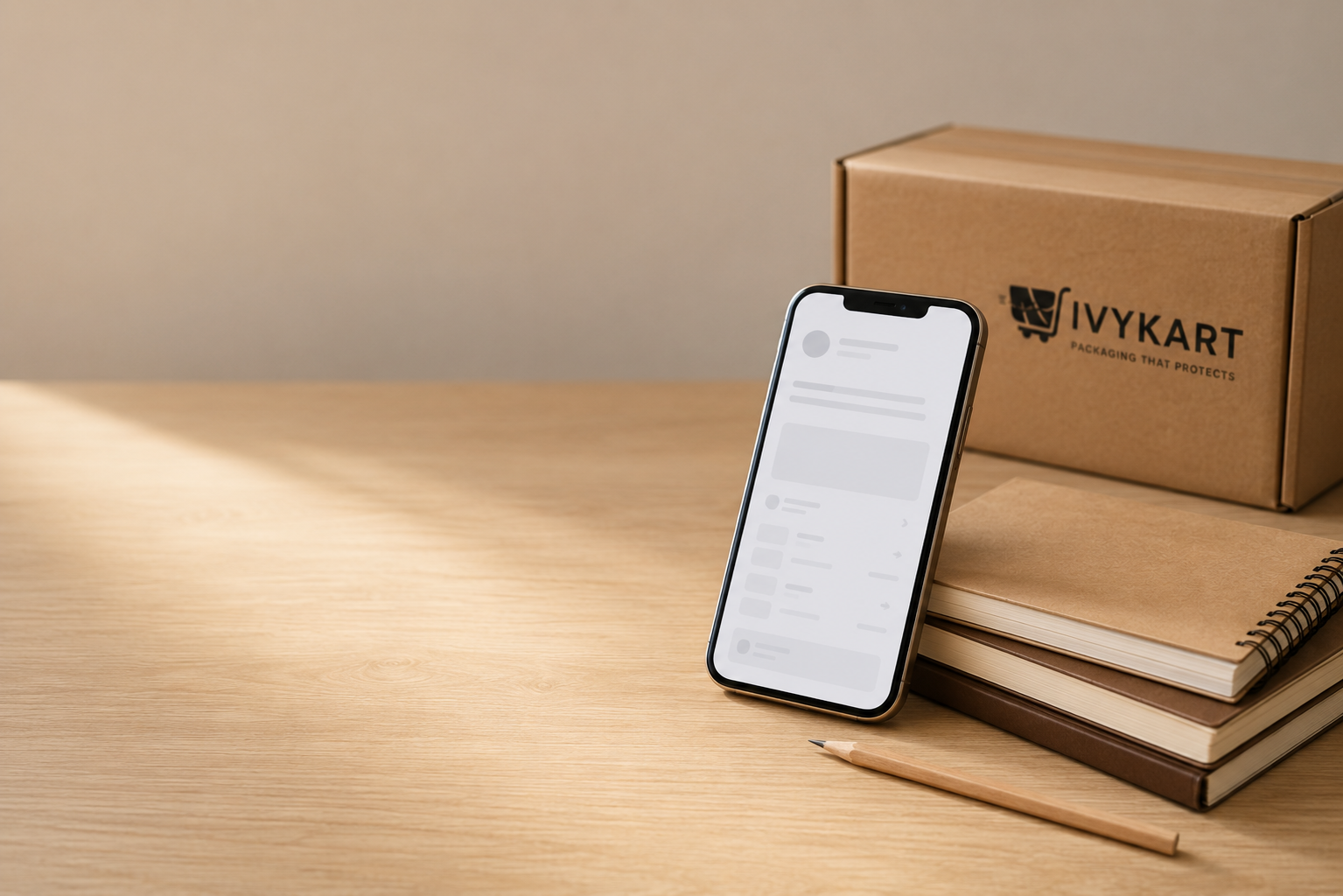 A phone propped upright showing the Ivykart app beside stacked notebooks, a pencil and an Ivykart box on a pale wooden surface