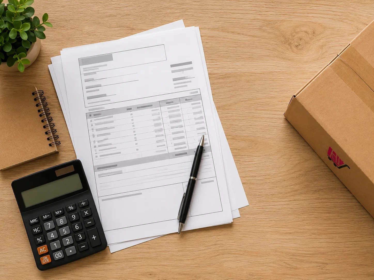 An overhead view of a printed invoice, a calculator, a pen and a spiral notebook on a pale oak desk, with a kraft Ivykart box at the right edge.