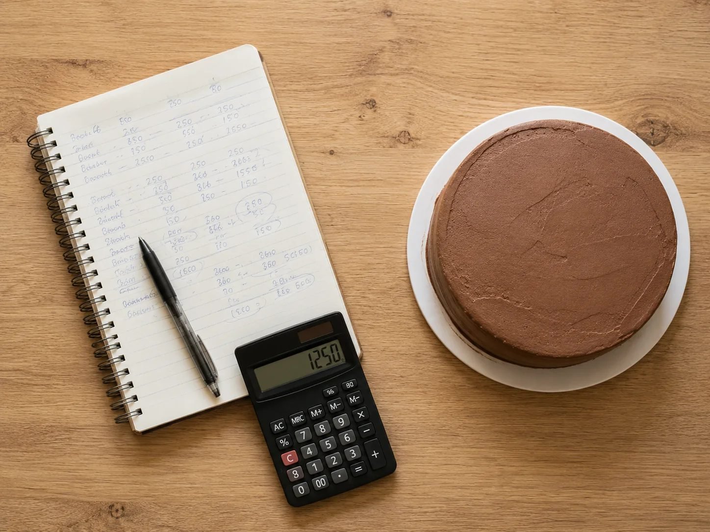 An overhead view of a spiral notebook of handwritten cake costings, a pen and a calculator on pale oak, beside a plainly iced chocolate cake on a white stand.