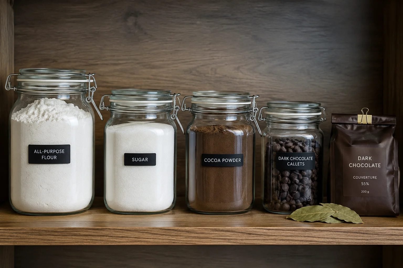 Four labelled airtight glass jars of all purpose flour, sugar, cocoa powder and dark chocolate callets sealed in a row on a wooden shelf, beside a sealed couverture pack and bay leaves.