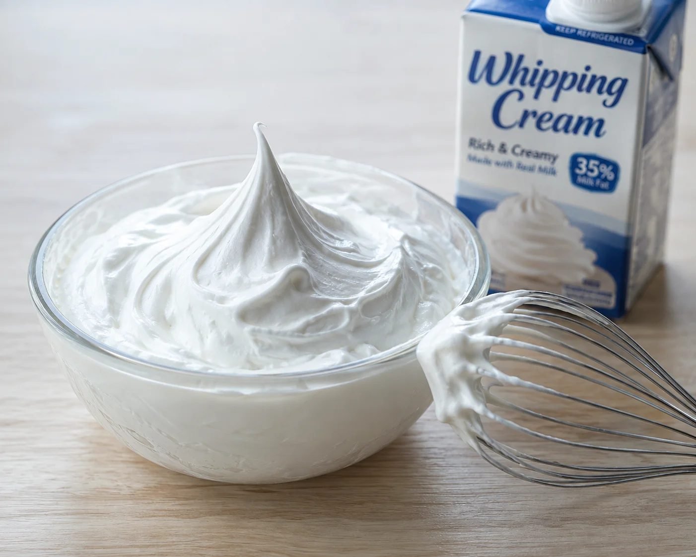 A glass bowl of whipped cream holding a stiff peak, a balloon whisk coated in cream resting against it, and a 35 percent whipping cream carton behind.